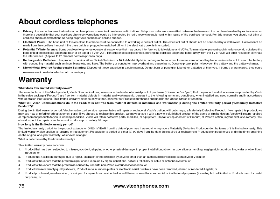 VTech i5871, 5873 important safety instructions About cordless telephones, Warranty 