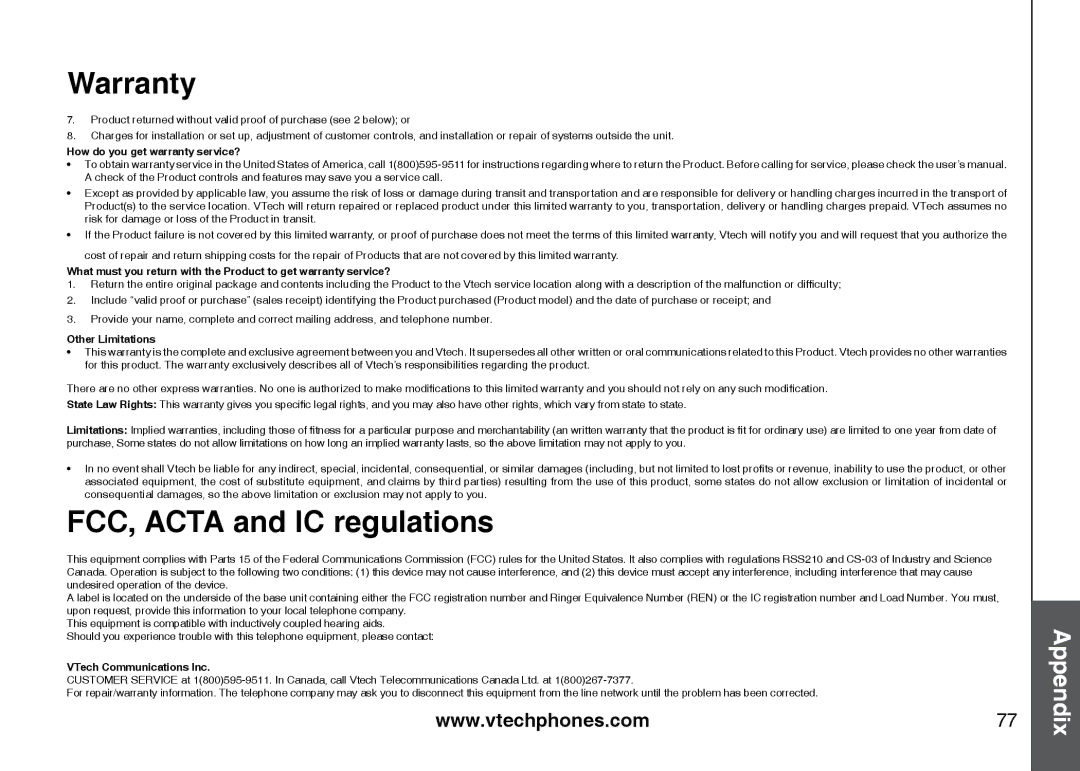 VTech 5873, i5871 important safety instructions FCC, Acta and IC regulations, How do you get warranty service? 