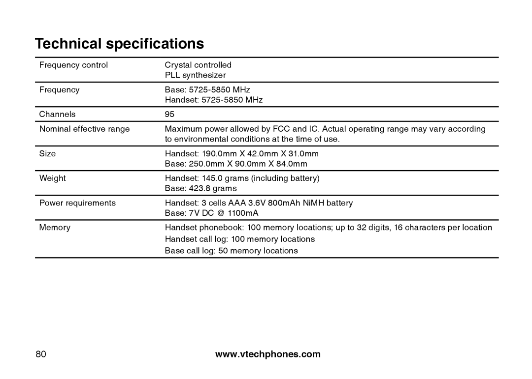 VTech i5871, 5873 important safety instructions Technical specifications 