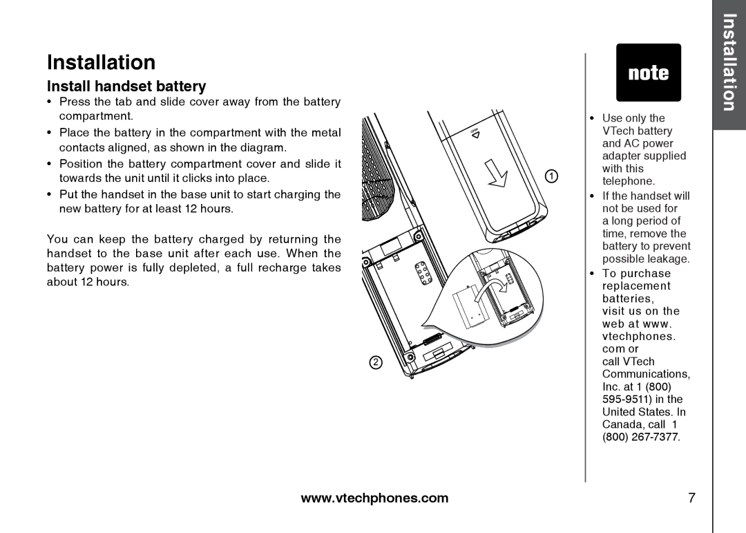 VTech 5873, i5871 important safety instructions Install handset battery 