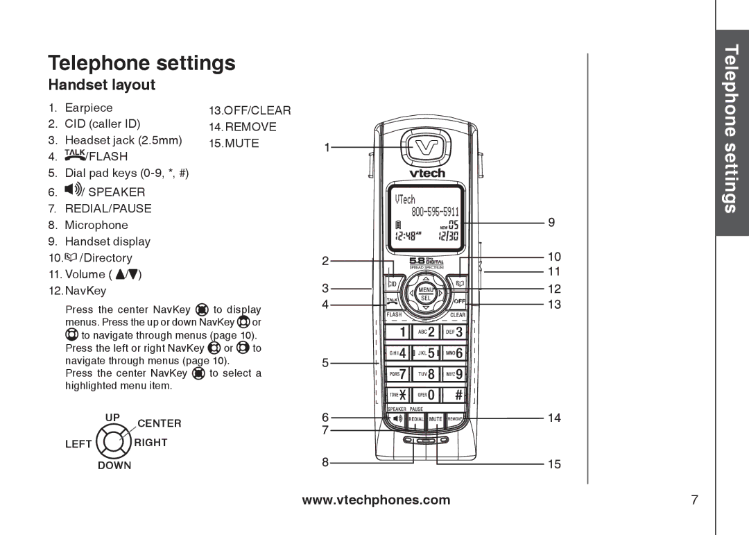 VTech I6717 important safety instructions Telephone settings, Handset layout 