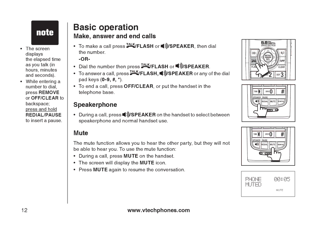 VTech I6717 important safety instructions Basic operation, Make, answer and end calls, Speakerphone, Mute 