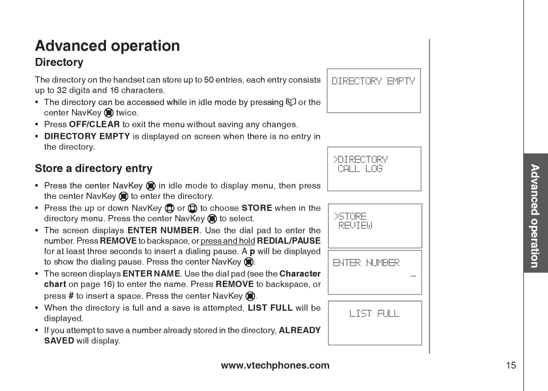 VTech I6717 important safety instructions Advanced operation, Directory, Store a directory entry 