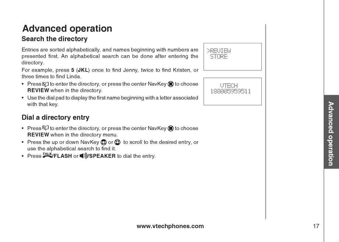 VTech I6717 important safety instructions Search the directory, Dial a directory entry 