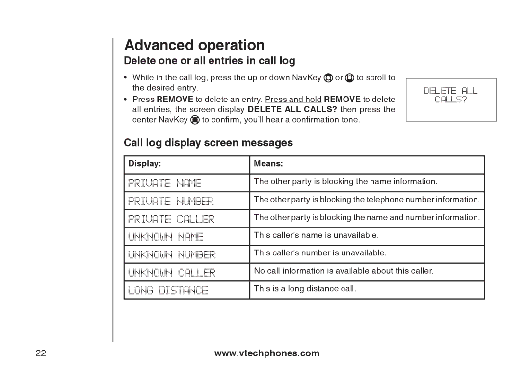 VTech I6717 important safety instructions Delete one or all entries in call log, Call log display screen messages 