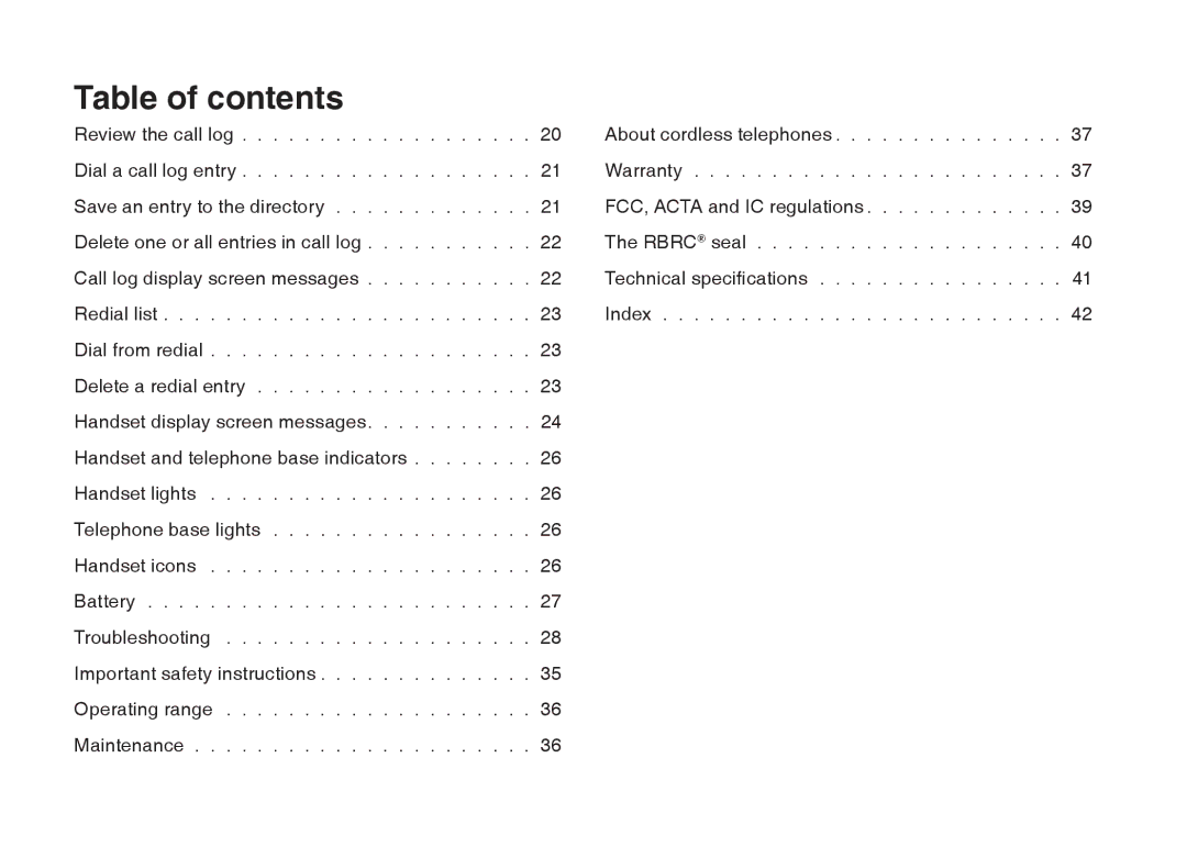 VTech I6717 important safety instructions Table of contents 