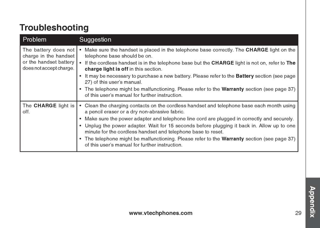 VTech I6717 important safety instructions Charge light is off in this section 