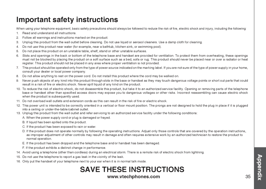 VTech I6717 important safety instructions Important safety instructions 