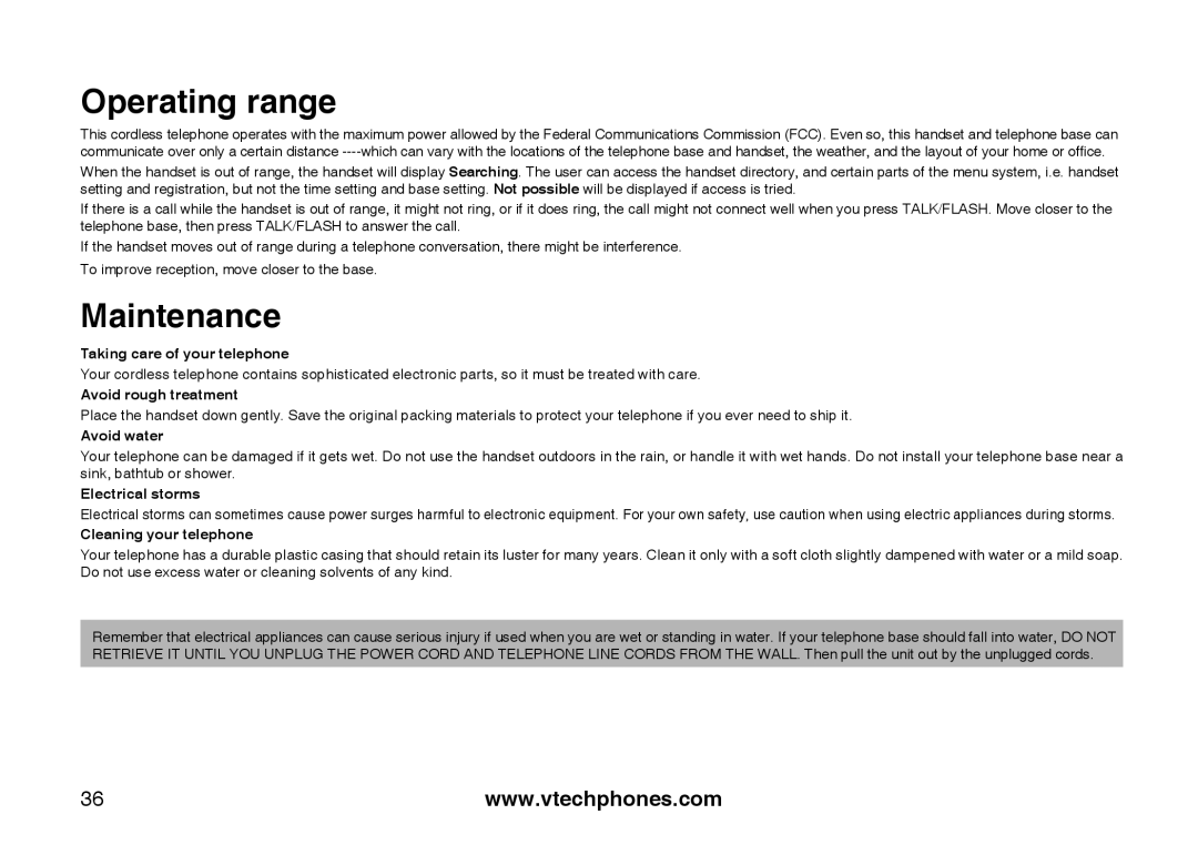 VTech I6717 important safety instructions Operating range, Maintenance 