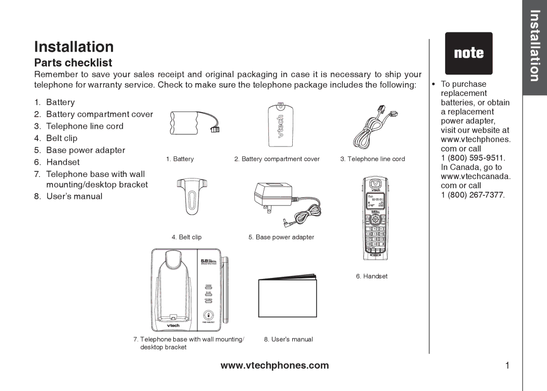 VTech I6717 important safety instructions Installation, Parts checklist 