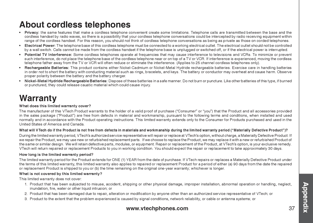 VTech I6717 important safety instructions About cordless telephones, Warranty 