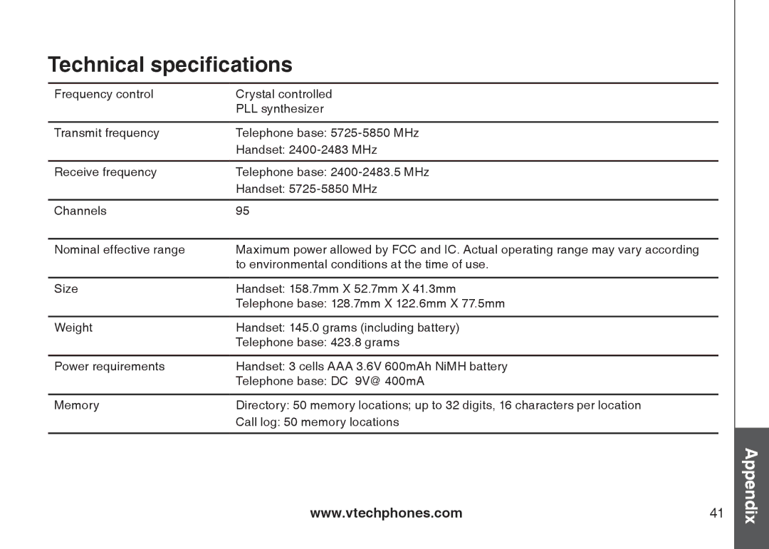 VTech I6717 important safety instructions Technical specifications 