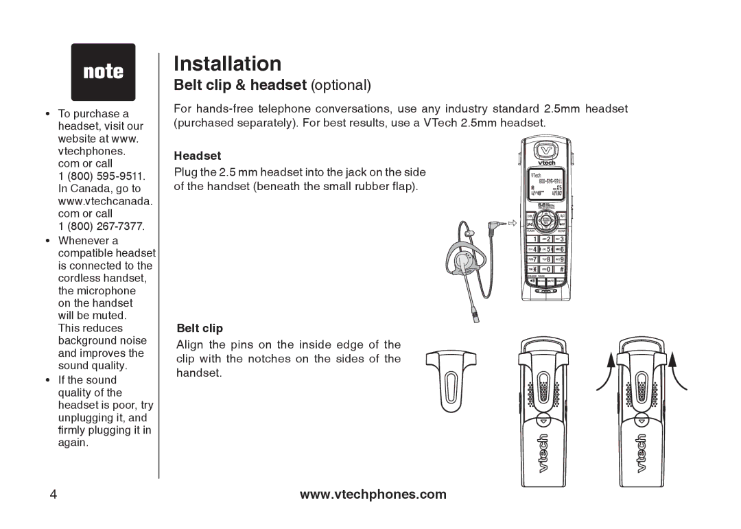 VTech I6717 important safety instructions Belt clip & headset optional, Headset 