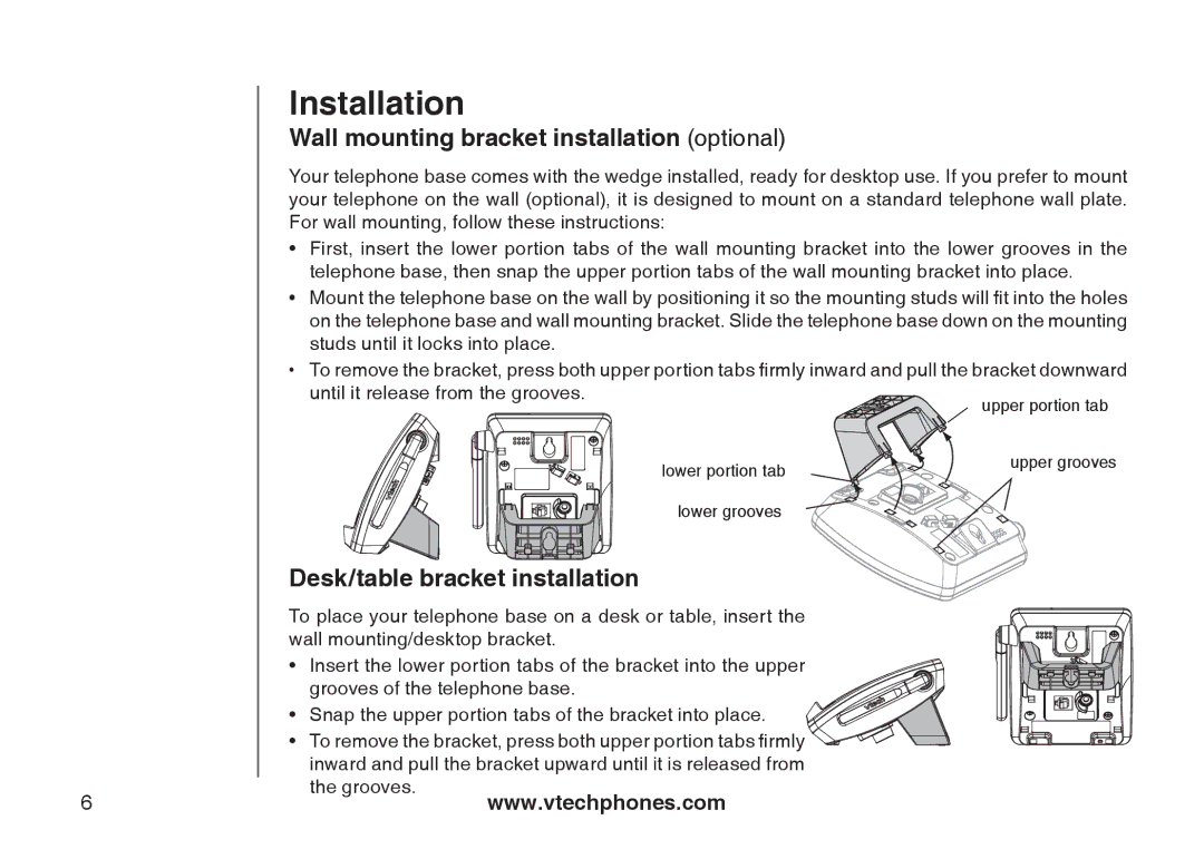 VTech I6717 important safety instructions Wall mounting bracket installation optional, Desk/table bracket installation 