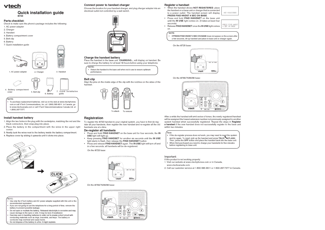 VTech I6720 manual Parts checklist, Connect power to handset charger, Register a handset, Charge the handset battery 