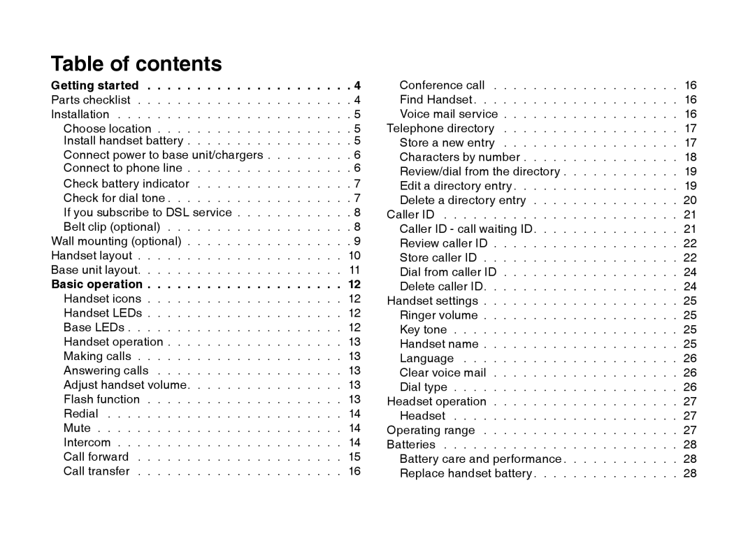 VTech I6725 manual Table of contents 