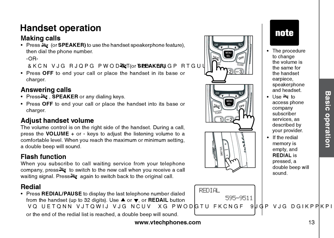 VTech I6725 manual Handset operation 