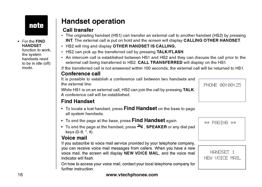 VTech I6725 manual Call transfer, Conference call, Find Handset, Voice mail 