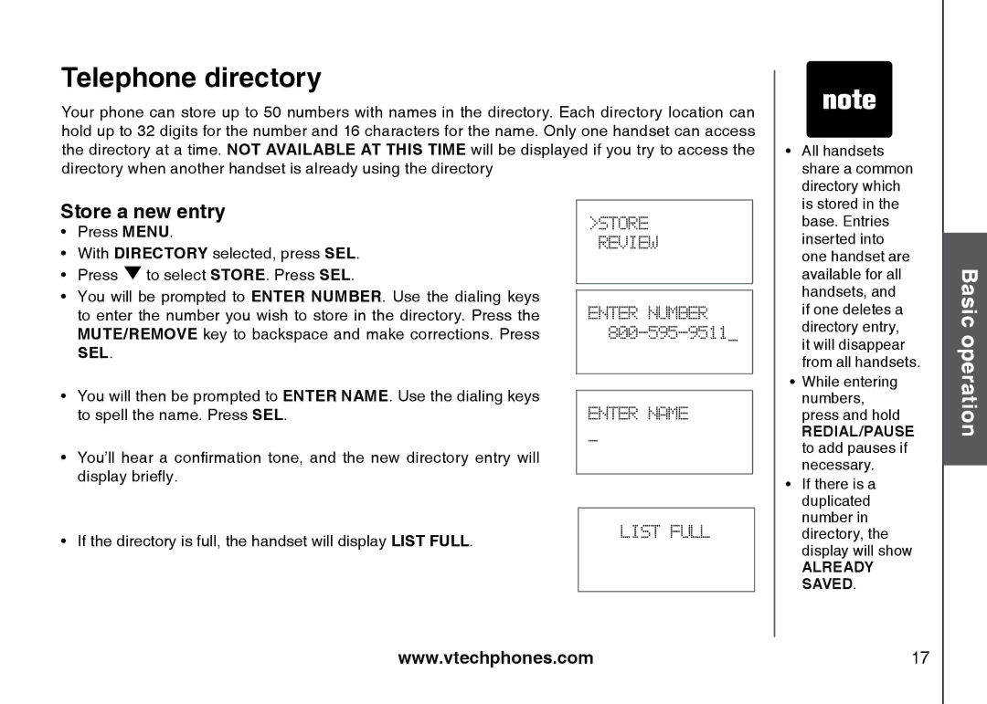 VTech I6725 manual Telephone directory, Store a new entry 