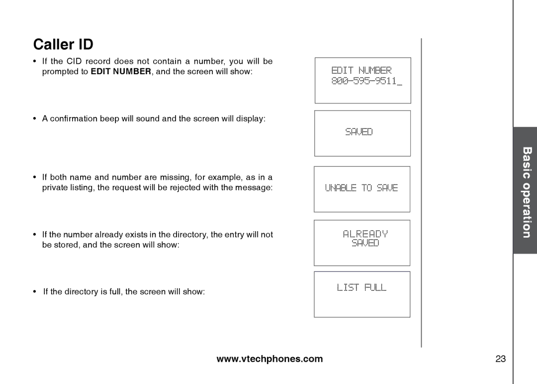 VTech I6725 manual Saved Unable to Save Already List Full 