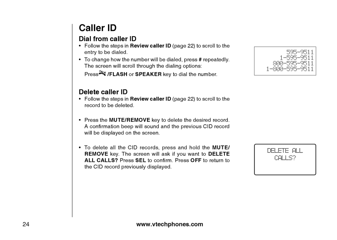 VTech I6725 manual Dial from caller ID, Delete caller ID 