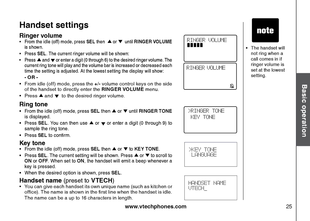 VTech I6725 manual Handset settings, Ringer volume, Ring tone, Key tone, Handset name preset to Vtech 