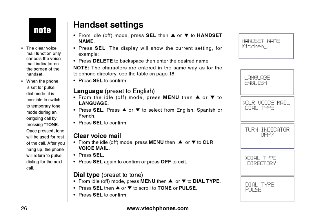 VTech I6725 manual Language preset to English, Clear voice mail 