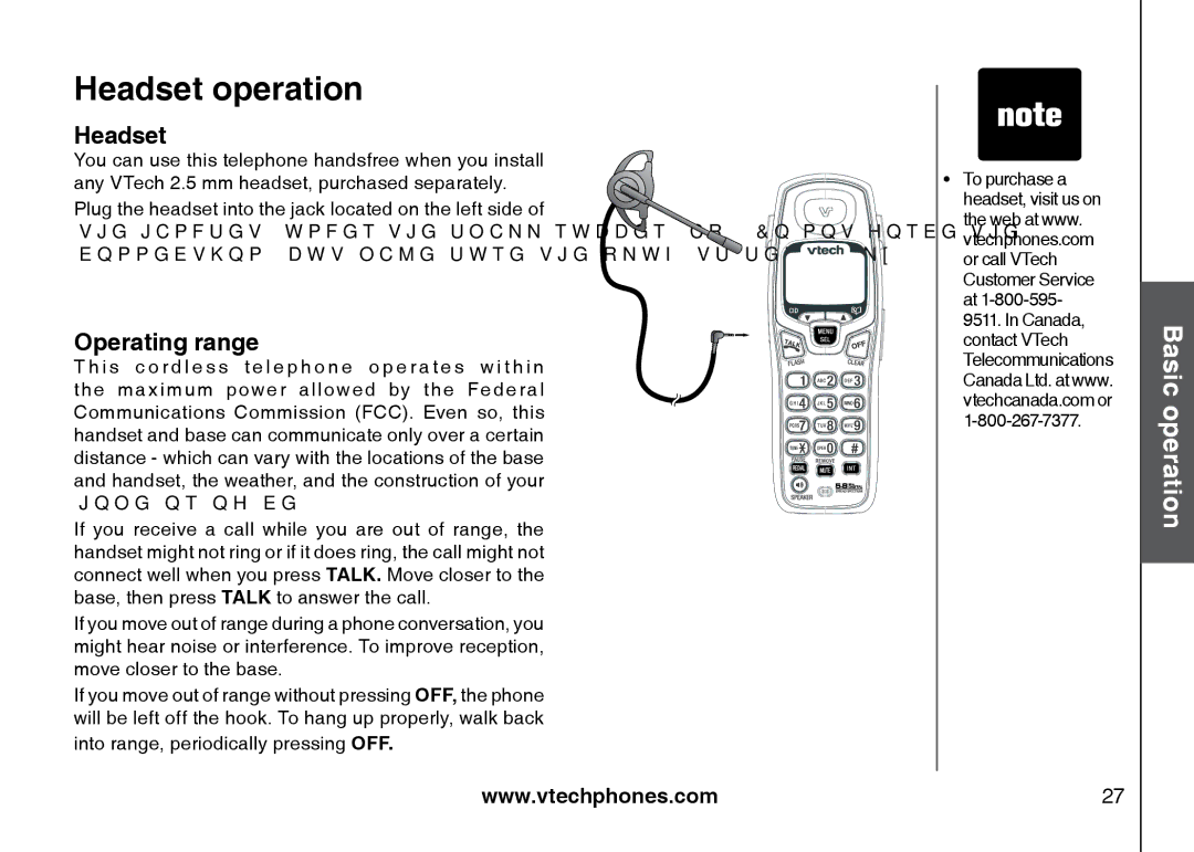 VTech I6725 manual Headset operation, Operating range 