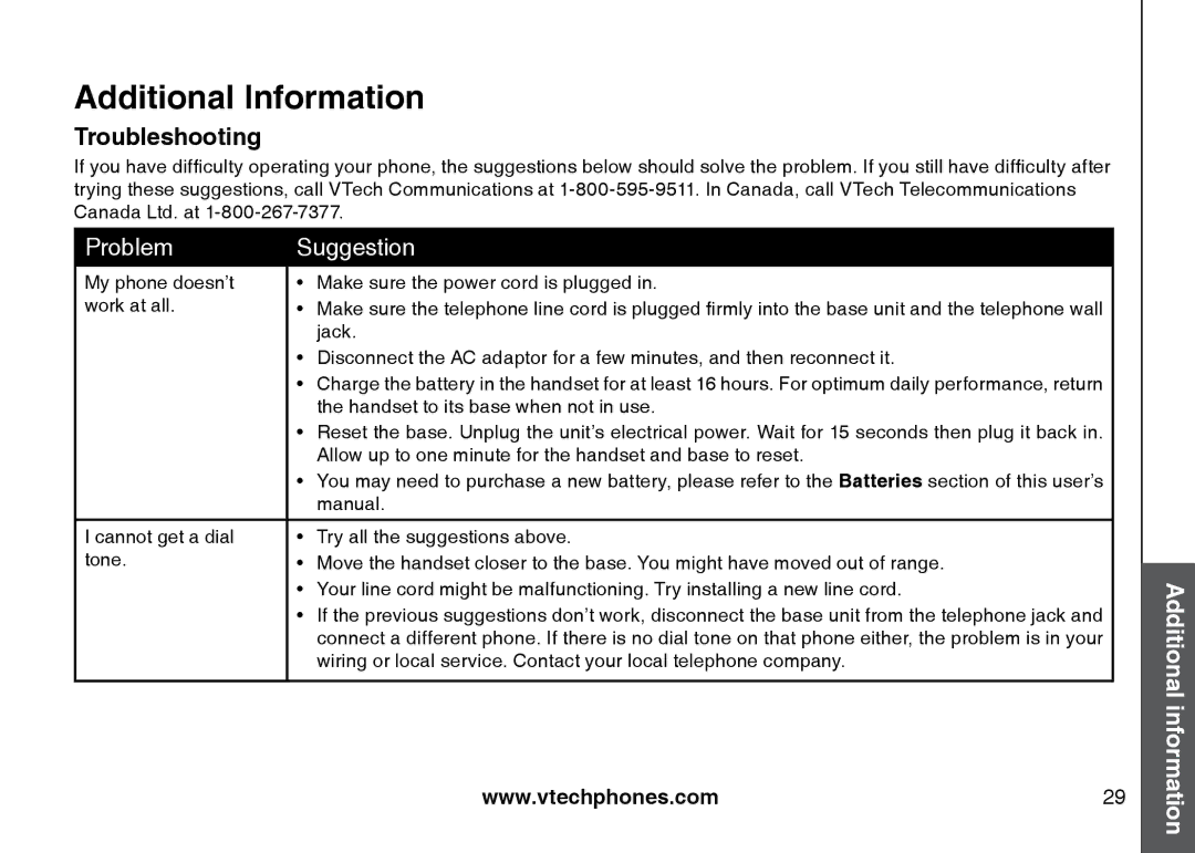 VTech I6725 manual Additional Information, Troubleshooting 