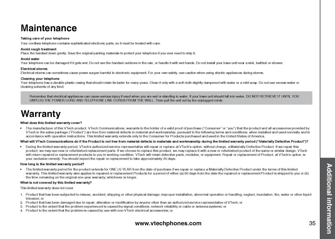 VTech I6725 manual Maintenance, Warranty 