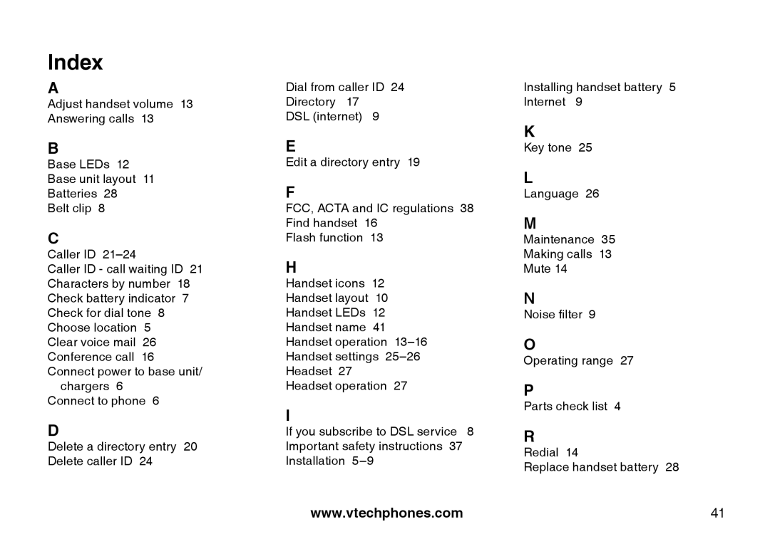 VTech I6725 manual Index 