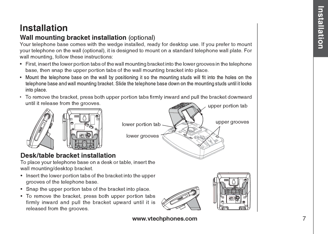 VTech I6727 user manual Wall mounting bracket installation optional, Desk/table bracket installation 