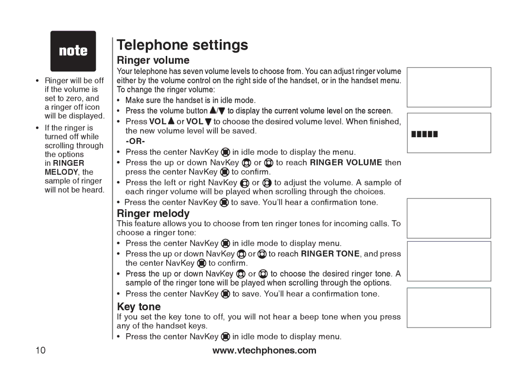 VTech I6727 user manual Ringer volume, Ringer melody, Key tone 