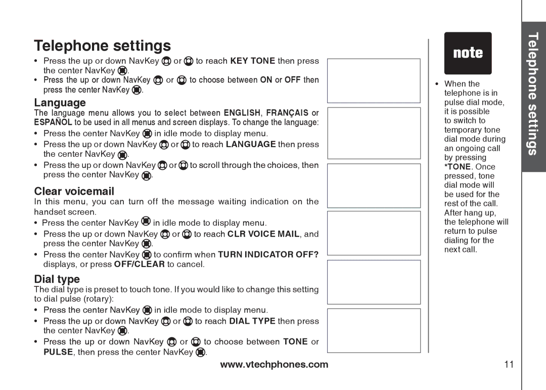 VTech I6727 user manual Language, Clear voicemail, Dial type, Press the up or down NavKey 