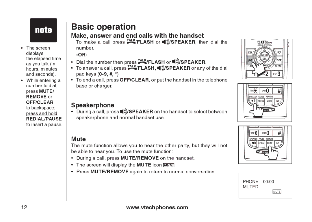 VTech I6727 user manual Basic operation, Make, answer and end calls with the handset, Speakerphone, Mute 