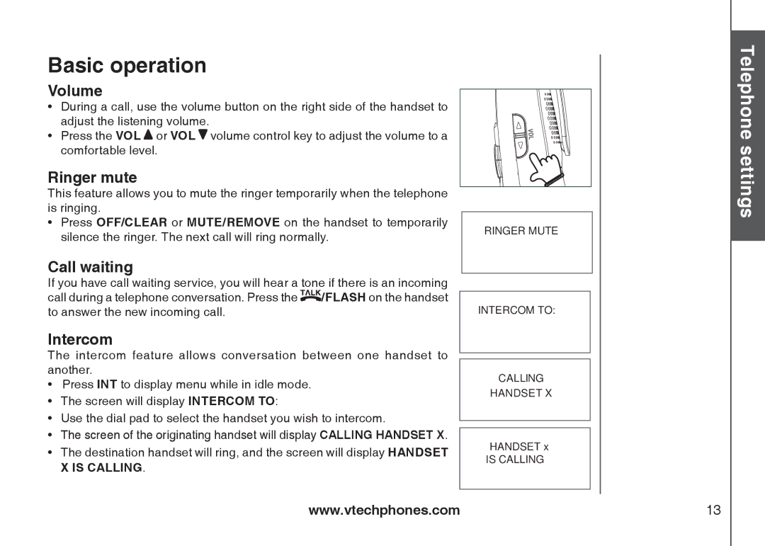 VTech I6727 user manual Volume, Ringer mute, Call waiting, Intercom 