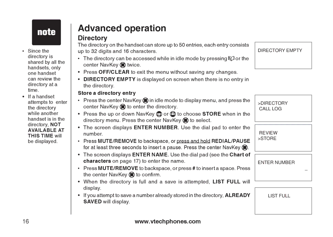 VTech I6727 user manual Advanced operation, Directory, Store a directory entry 