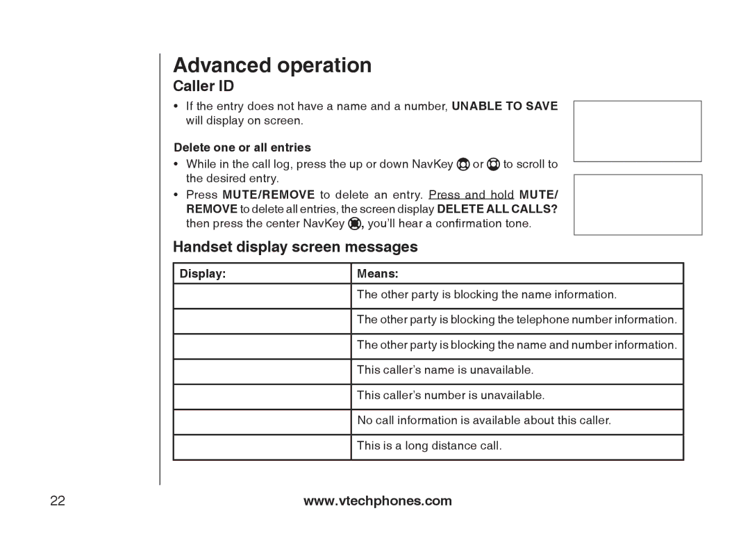 VTech I6727 user manual Handset display screen messages, Delete one or all entries, Display Means 