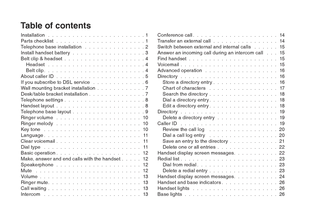 VTech I6727 user manual Table of contents 