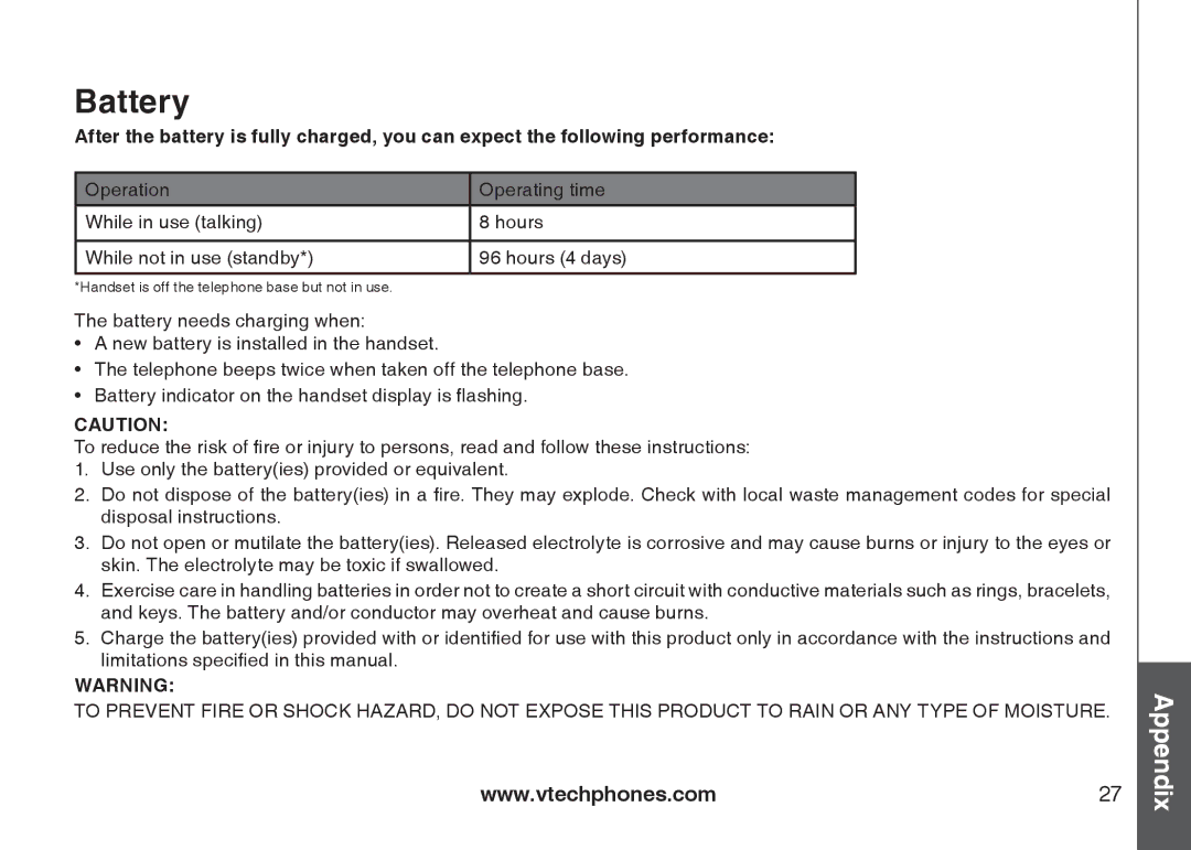 VTech I6727 user manual Battery 