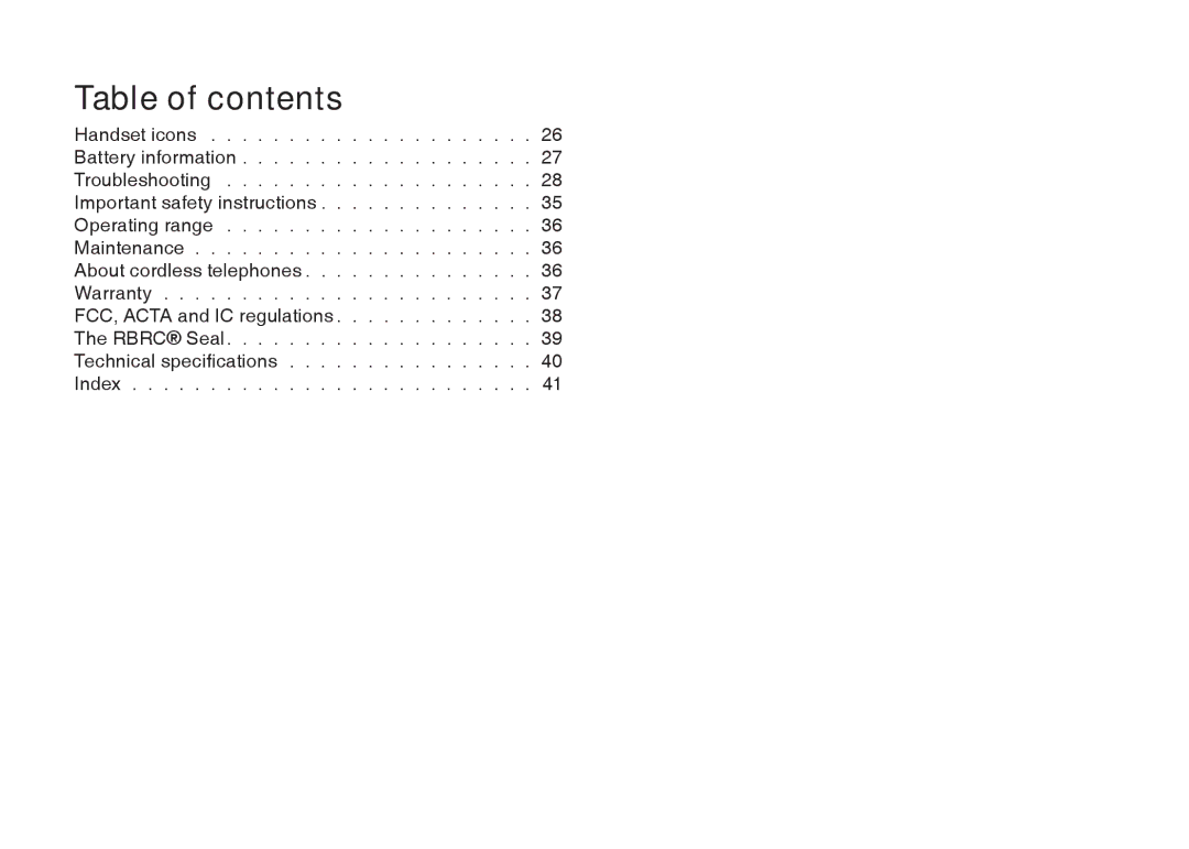 VTech I6727 user manual Table of contents 