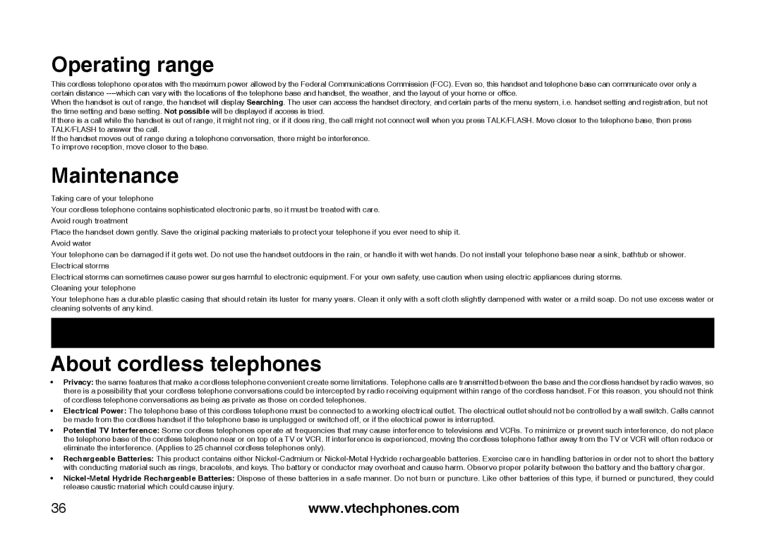 VTech I6727 user manual Operating range, Maintenance, About cordless telephones 