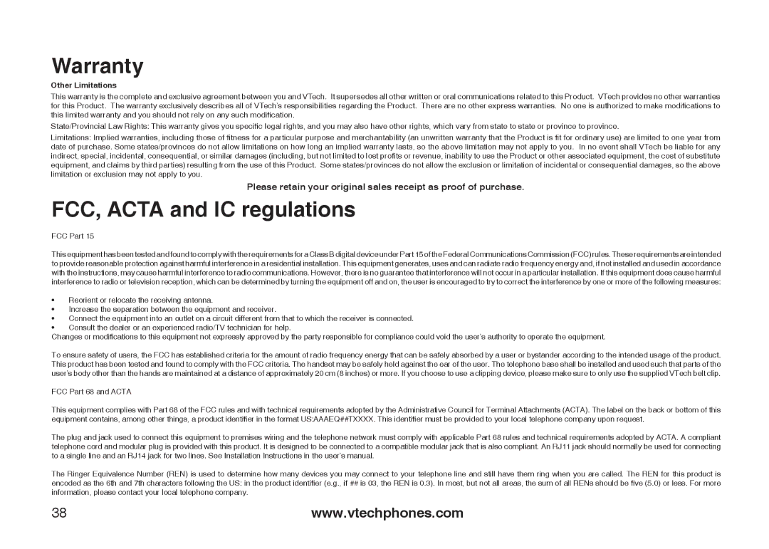 VTech I6727 user manual FCC, Acta and IC regulations, Other Limitations 