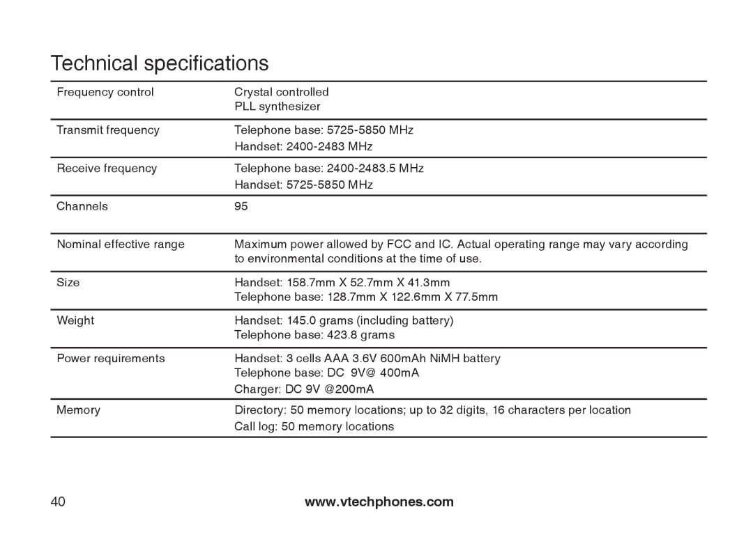 VTech I6727 user manual Technical specifications 