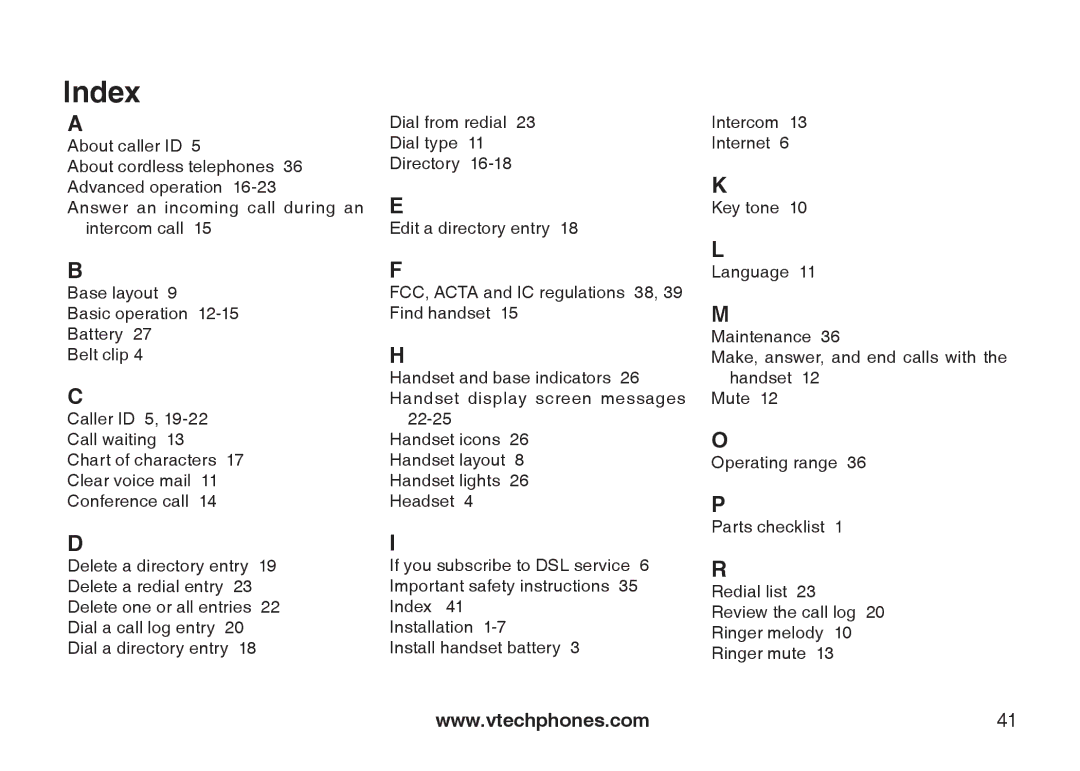 VTech I6727 user manual Index 