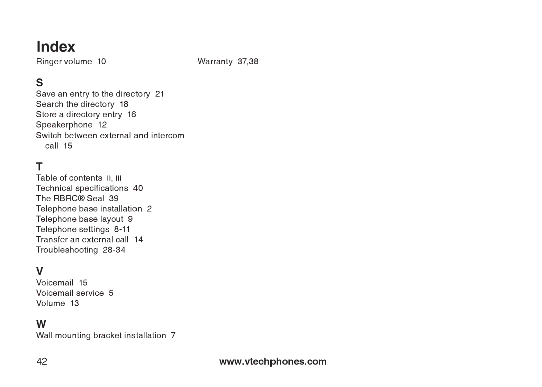 VTech I6727 user manual Index 