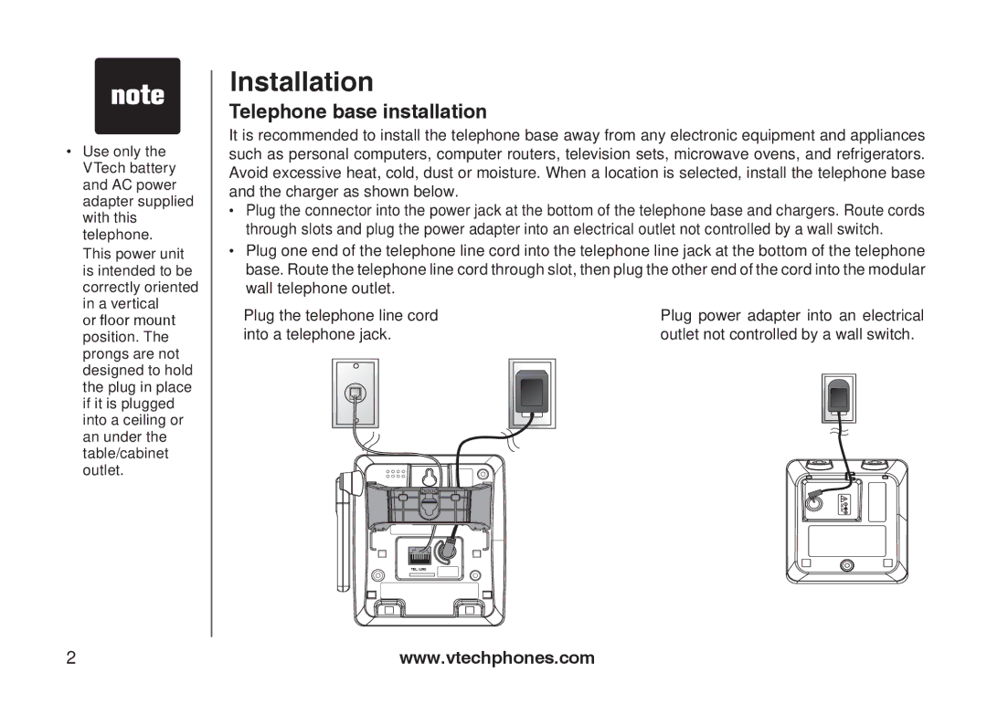 VTech I6727 user manual Telephone base installation 