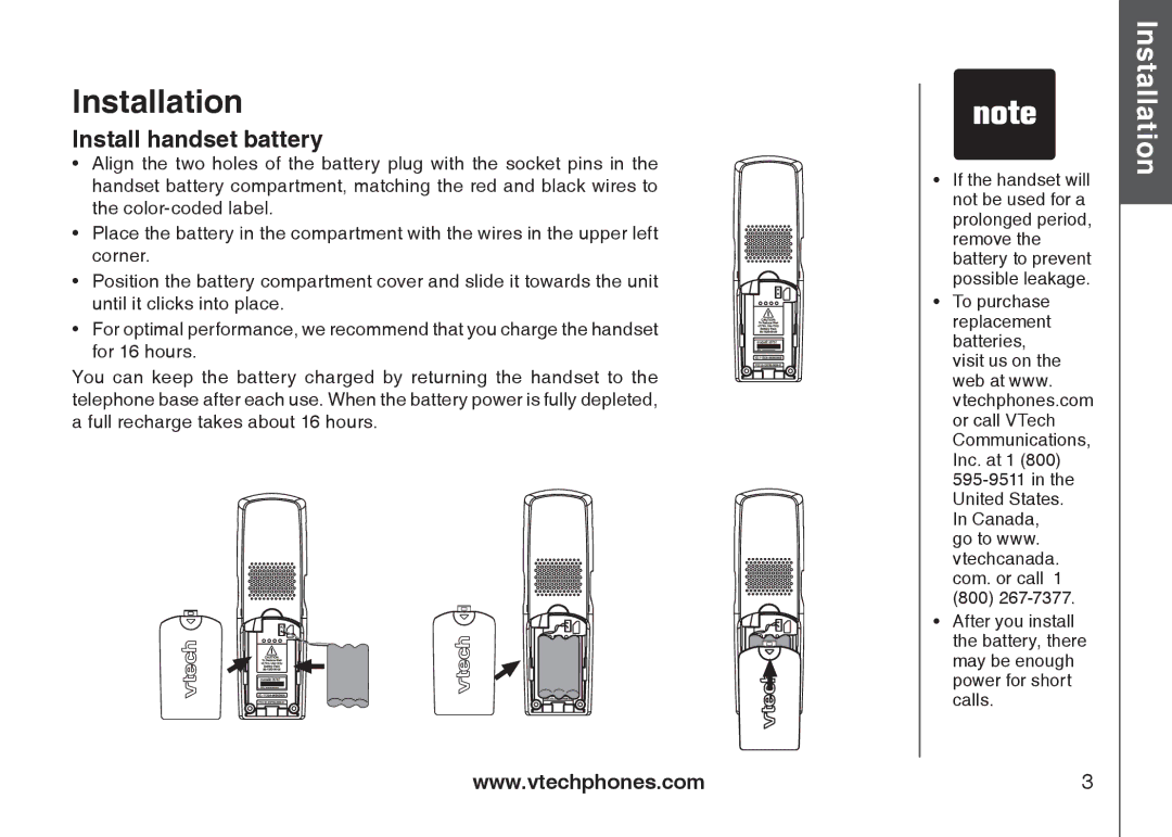 VTech I6727 user manual Install handset battery 