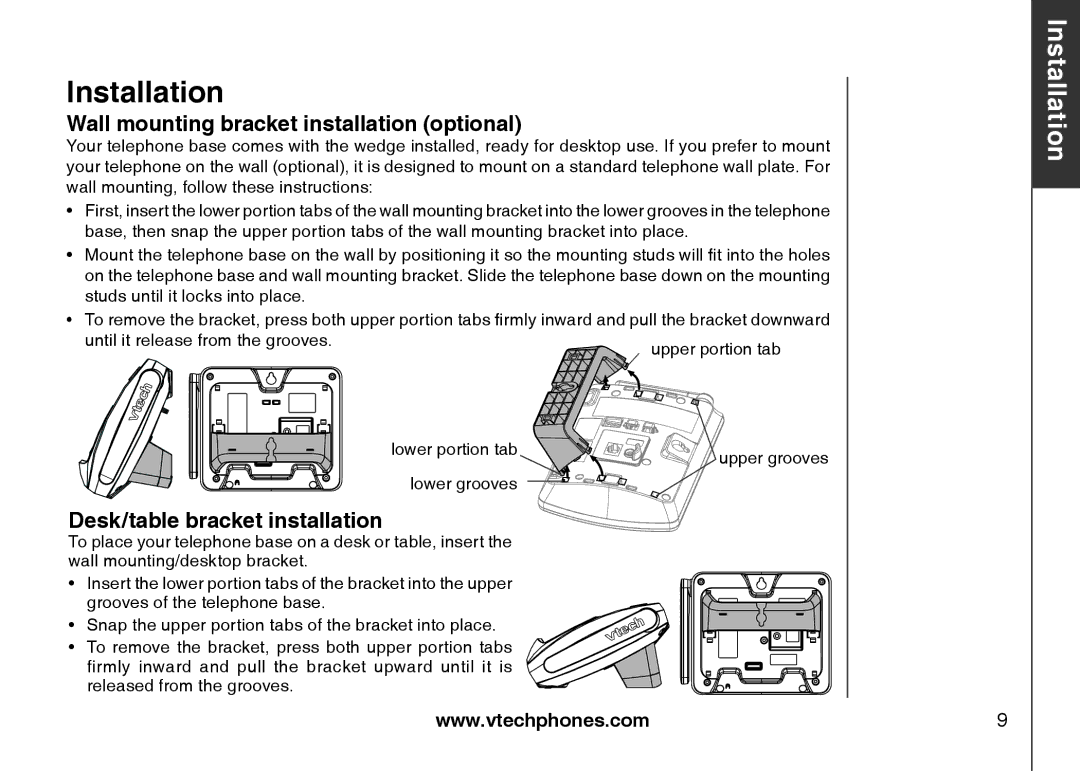 VTech I6768, I6787, i6777 Wall mounting bracket installation optional, Desk/table bracket installation 