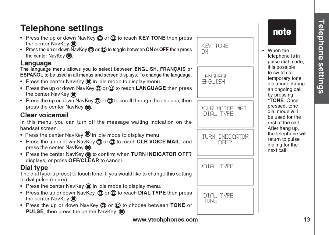 VTech I6787, I6768, i6777 important safety instructions Language, Clear voicemail, Dial type 